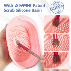 Alyfini cleaner dissolving makeup residue on a brush.