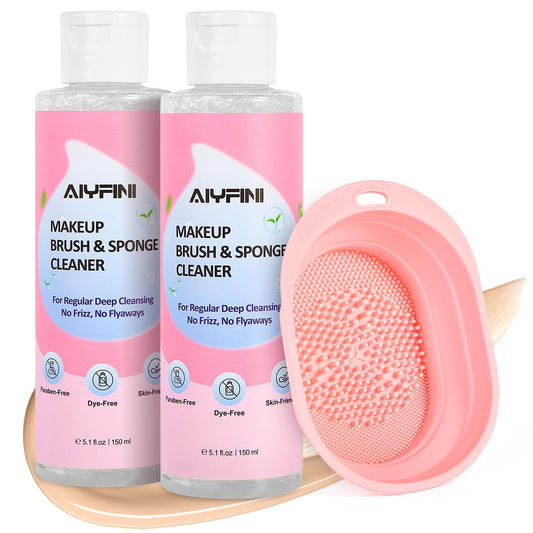 Alyfini makeup brush cleaner solution bottle for quick, thorough cleaning.