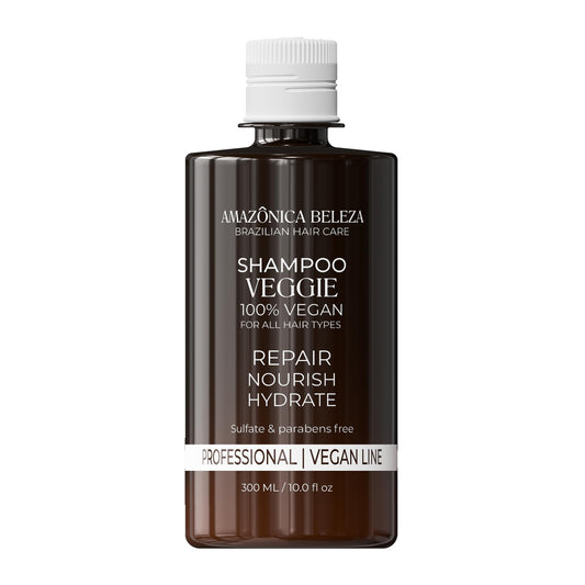 AMAZÓNICA BELEZA AMABELLE Veggie Refiner shampoo bottle on shelf highlighting vegan formula