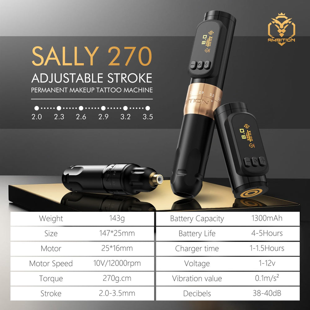 Ambition Sally 270 wireless tattoo pen highlights mobility for on-the-go sessions.