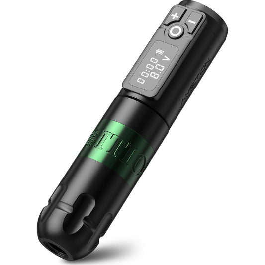 Ambition Soldier rotary battery pen front view highlights a balanced grip for precise tattooing.