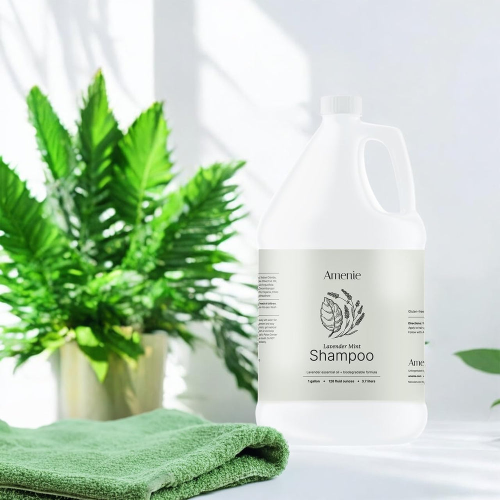 Amenie Lavender Mint Shampoo dispenser-ready setup, ideal for hotels.