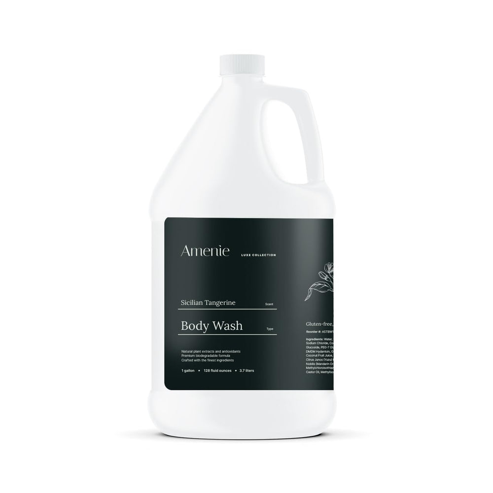 Amenie Sicilian Tangerine body wash bottle with vibrant citrus notes for hotel bathrooms.