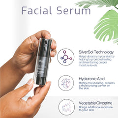 American Biotech Labs SilverSol serum vegan non-GMO labeling visible.