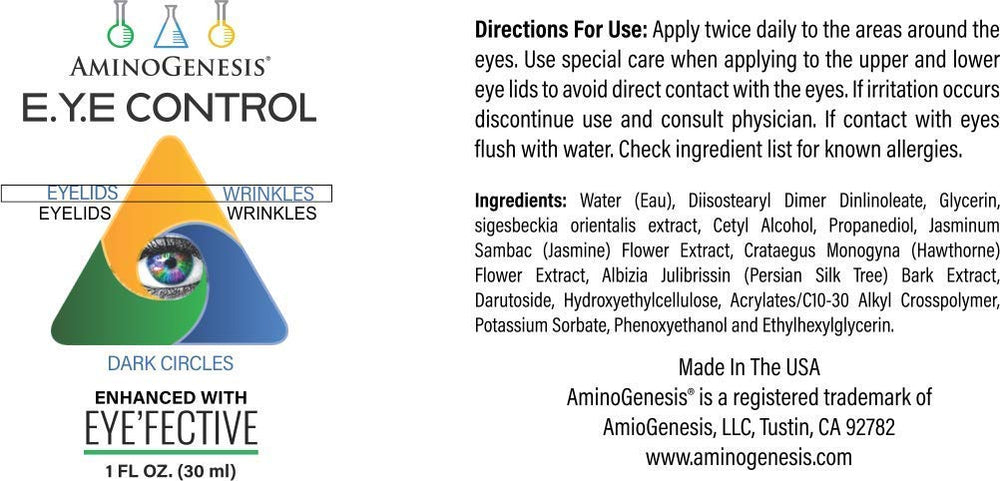 A close-up of AminoGenesis E.Y.E Control being applied to the eye area.