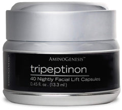AminoGenesis Tripeptinon serum bottle close-up for nighttime renewal and hydration.