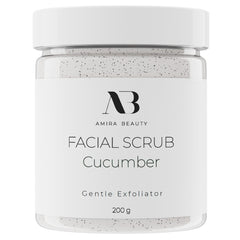 Amira Beauty cucumber facial scrub packaging promotes an easy daily routine
