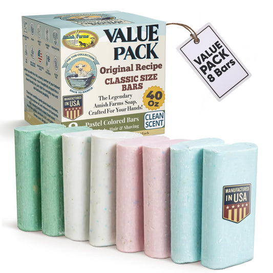 Amish Farms Soap Value Pack: eight bars in a tin tub for family-friendly daily cleansing.