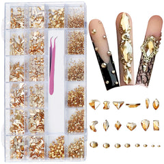 AMLAVIFISH gold rhinestones kit box showcases premium packaging and diverse shapes.