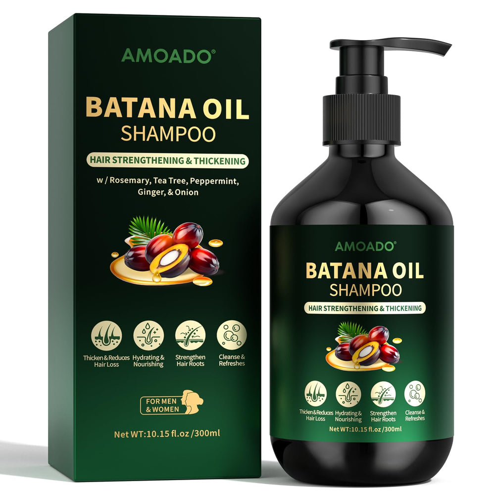 AMOADO Batana Oil Shampoo bottle shows a nourishing formula for stronger, fuller-looking hair.