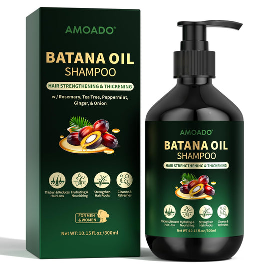 AMOADO Batana Oil Shampoo bottle shows a nourishing formula for stronger, fuller-looking hair.