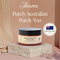 Amora Emu Oil Cream applied to skin for immediate hydration.