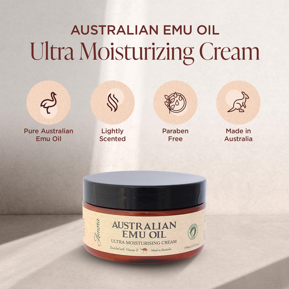 Packaging box of Amora Emu Oil Cream highlighting Australian-made, pharmaceutical-grade formula.