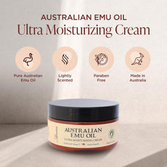 Packaging box of Amora Emu Oil Cream highlighting Australian-made, pharmaceutical-grade formula.