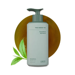 AMOS PROFESSIONAL Green Tea Shampoo bottle for deep cleansing on an oily scalp.