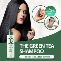 AMOS PROFESSIONAL Green Tea Shampoo label closeup shows the clean formula for scalp nourishment.