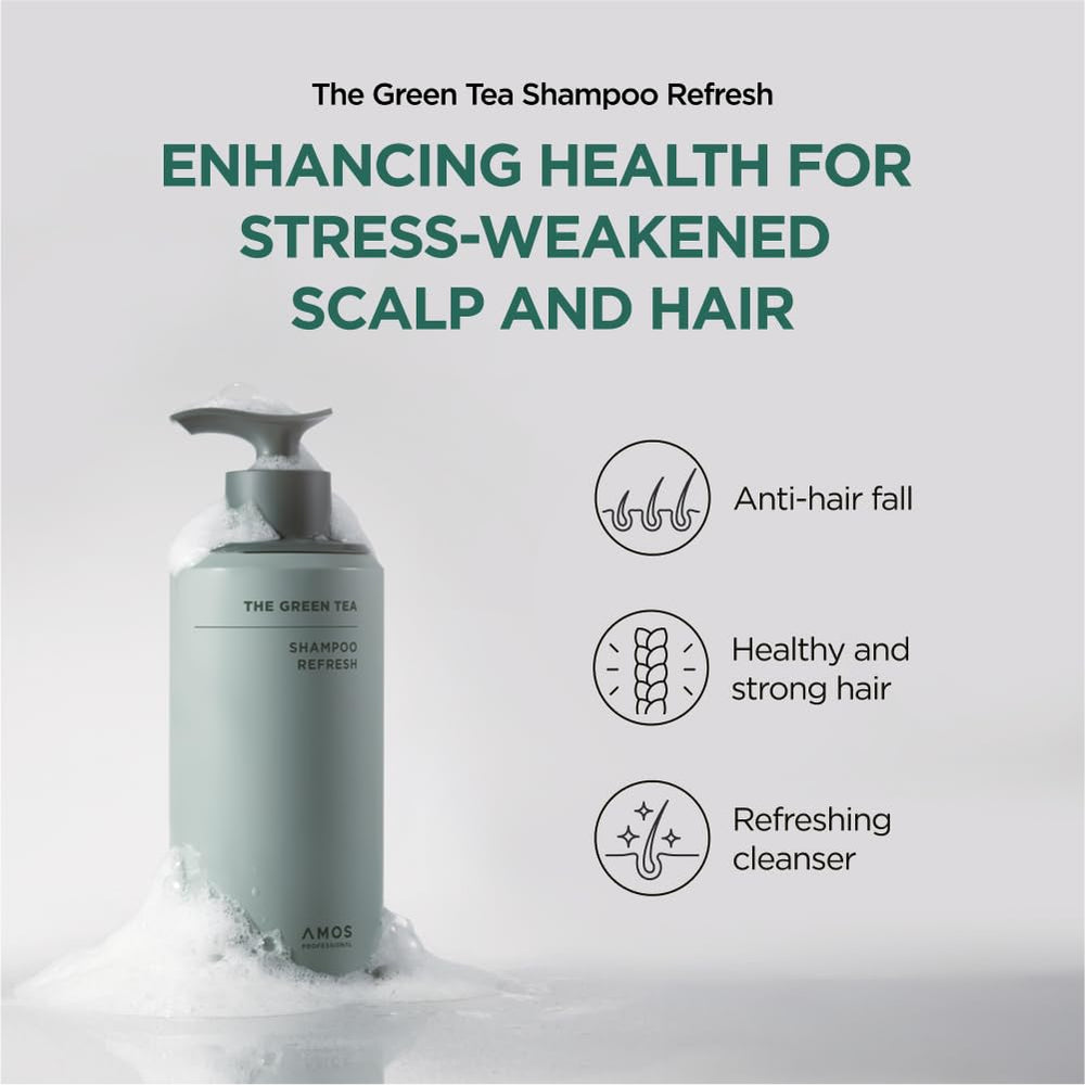AMOS PROFESSIONAL Green Tea Shampoo promotes root strength and fullness.