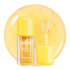 Amuse Seoul Banana Lip Oil bottle closeup showing smooth, hydrated lips with gloss
