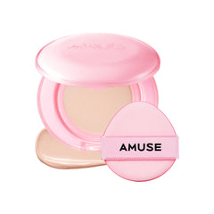 Amuse Seoul Dew Power cushion bottle close-up shows hydrated, glass-like glow.