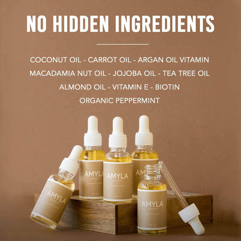Side view of Amyla serum packaging for everyday hair care