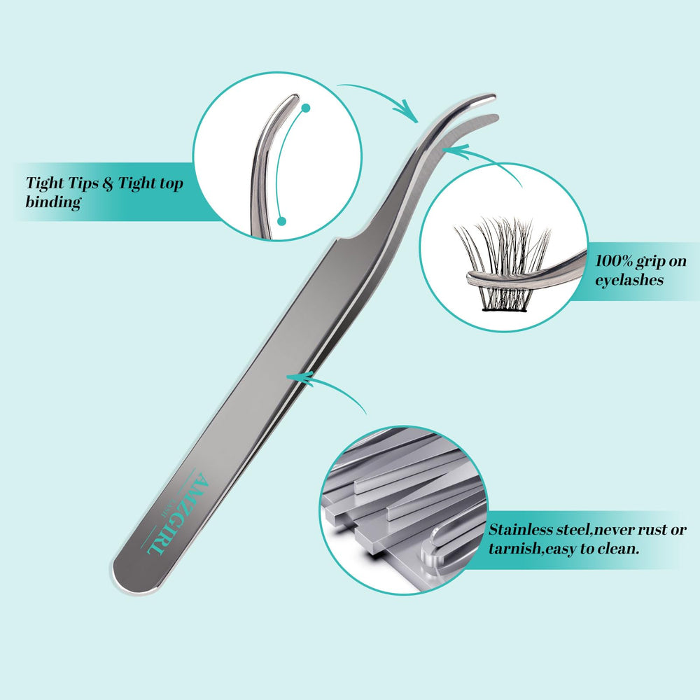 AMZGIRL LASH applicator tweezers with 45-degree angle for precise placement.