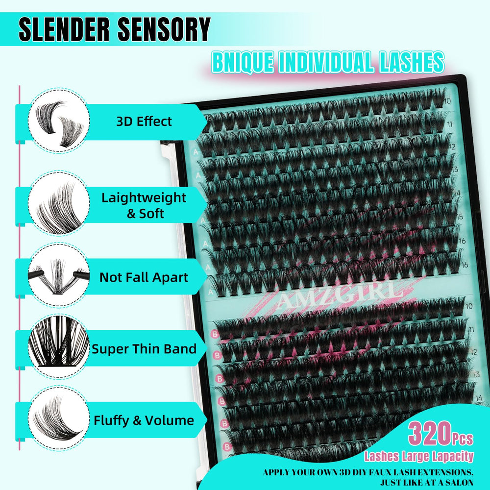AMZGIRL LASH close-up tray of D-curl clusters, shows mixed lengths and density