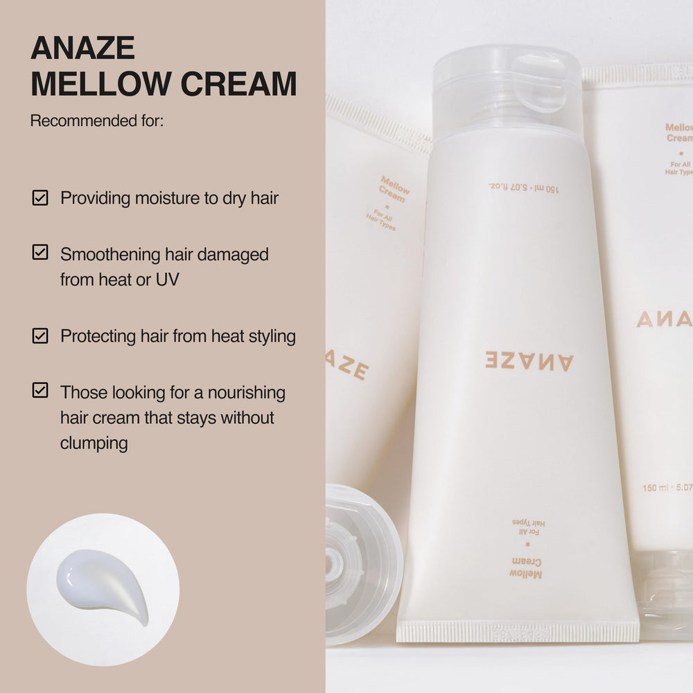 ANAZE Mellow Cream texture close-up shows a creamy, light formula for fast absorption.