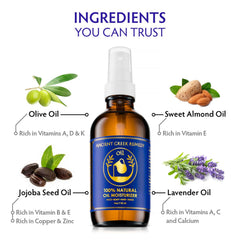 Ancient Greek Remedy Body Oil bottle close-up showcases premium organic blend.