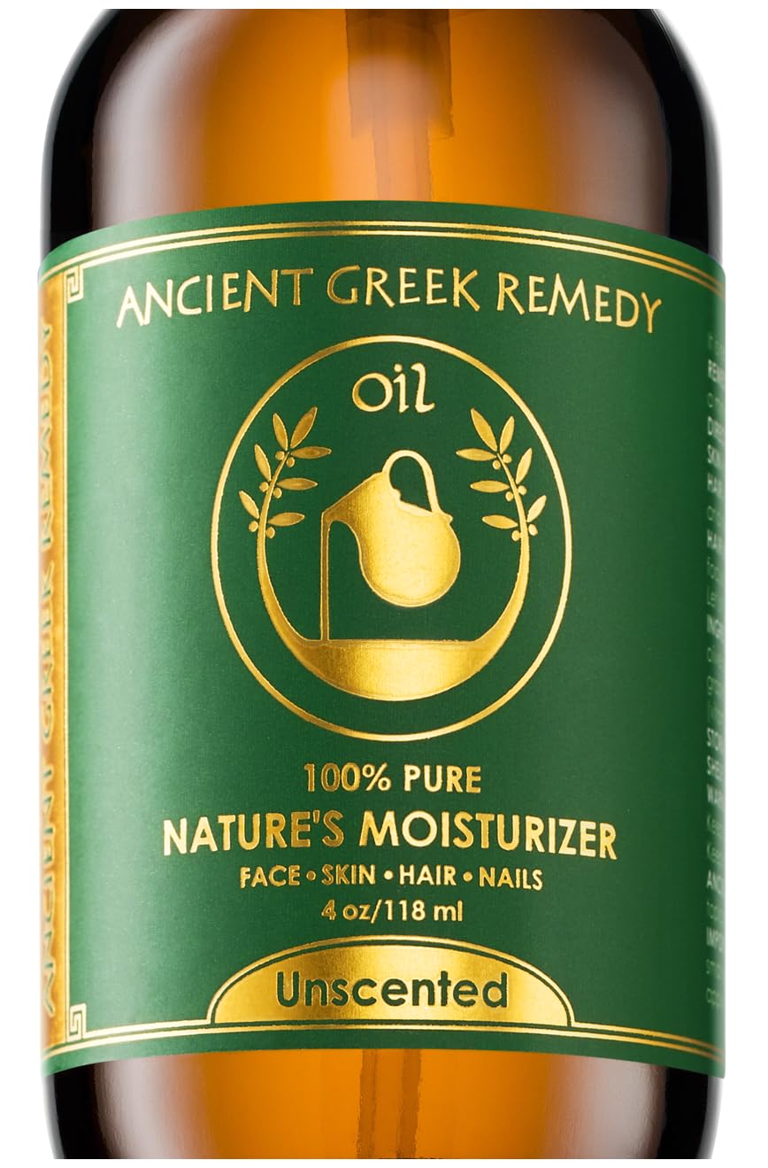 Ancient Greek Remedy face oil bottle shows unscented, hydrating formula for dry skin