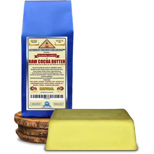 ANCIENT HEALTH REMEDIES Cocoa Butter Block 16oz, smooth texture for DIY skincare foundations.