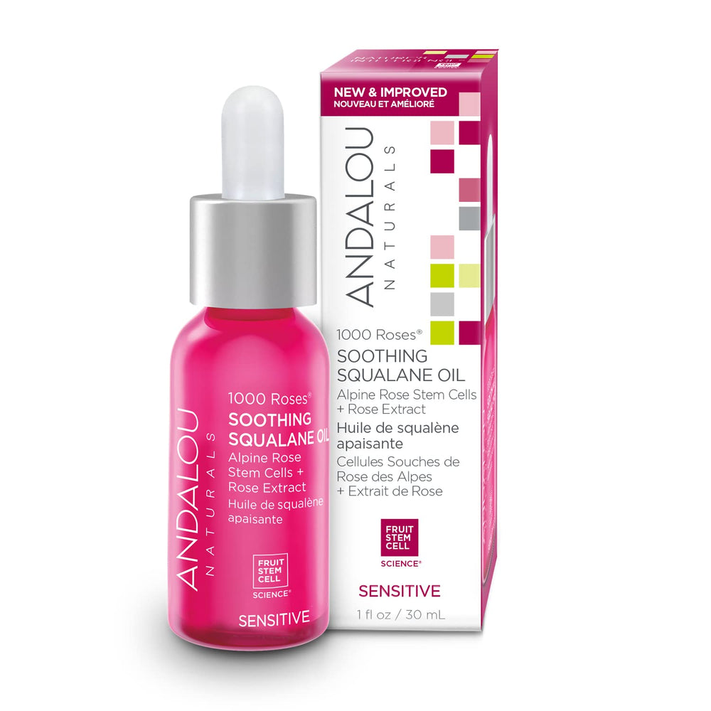 Andalou Naturals 1000 Roses Squalane Oil bottle showing soothing hydration