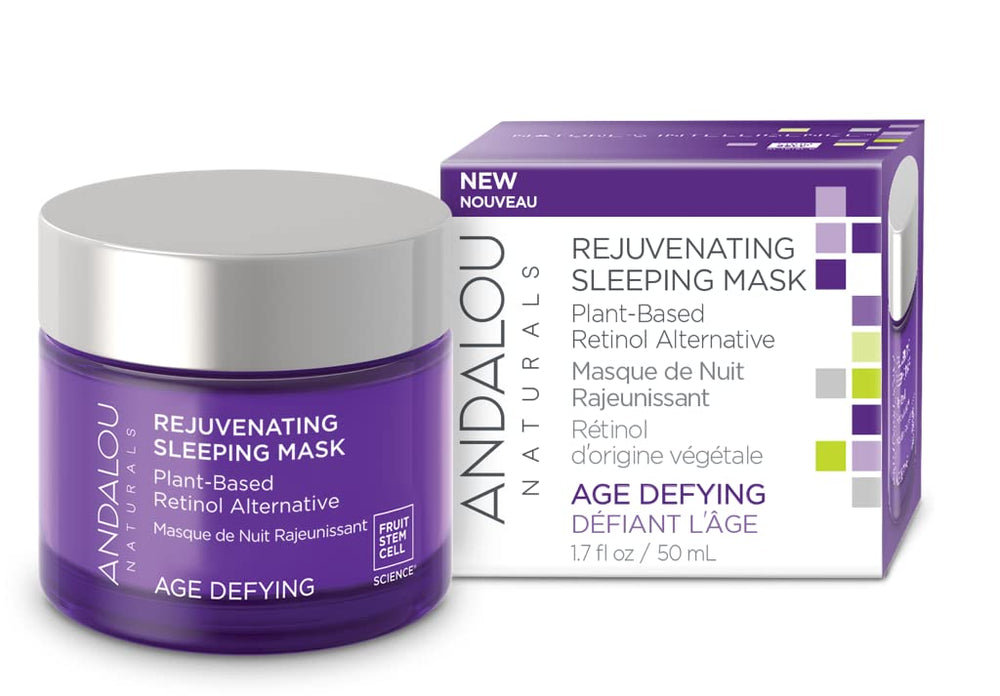 Andalou Naturals age-defying night mask jar closeup for rich overnight hydration.