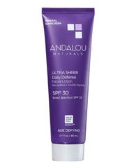 Andalou Naturals sunscreen bottle with SPF 30 for daily protection and hydration.
