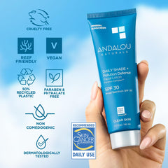 Andalou Naturals Daily Shade sunscreen label highlights vegan, cruelty-free ingredients.