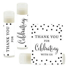 Andaz Press bridal lip balm favors in a black and white design for elegant party decor.