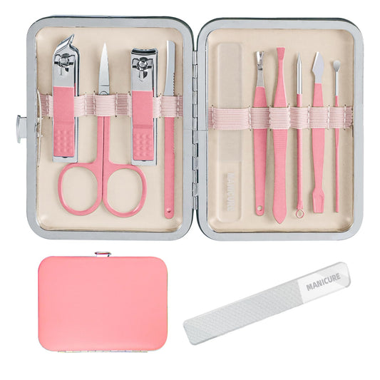Andrea 10-in-1 manicure kit in pink travel case, portable for on-the-go grooming.
