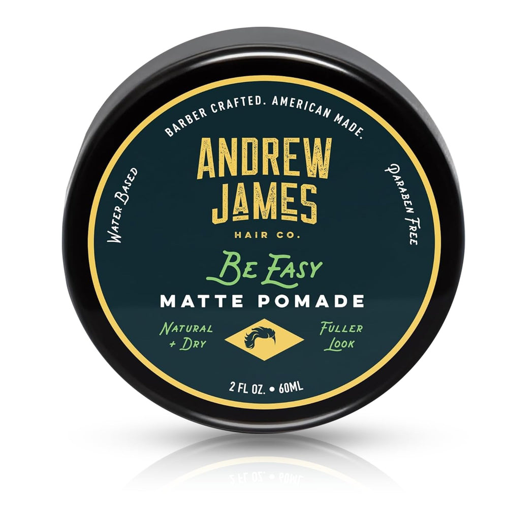 ANDREW JAMES Be Easy pomade jar close-up, showcasing matte finish and strong hold.