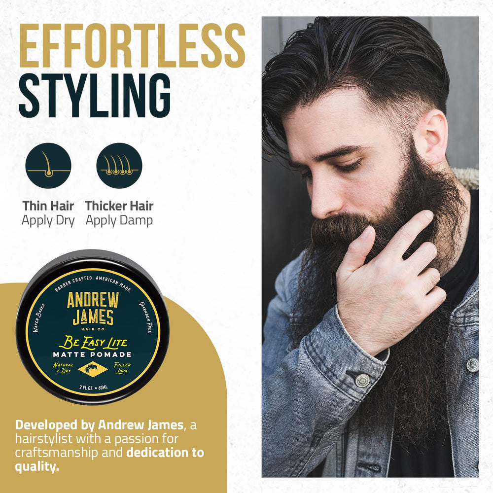 ANDREW JAMES Matte Pomade texture swipe shows light hold for effortless style