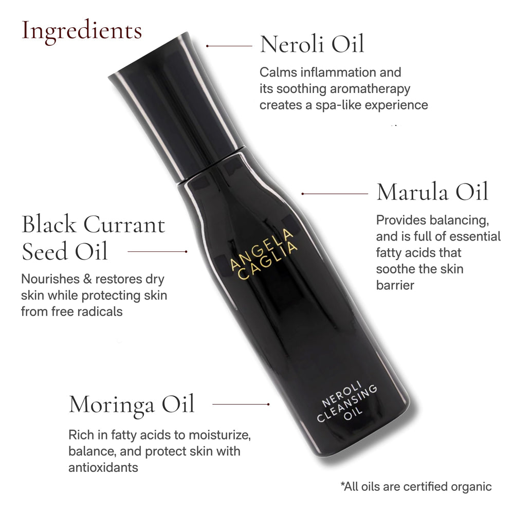 Angela Caglia Neroli Cleansing Oil with Neroli and Moringa supports a refreshing daily routine.