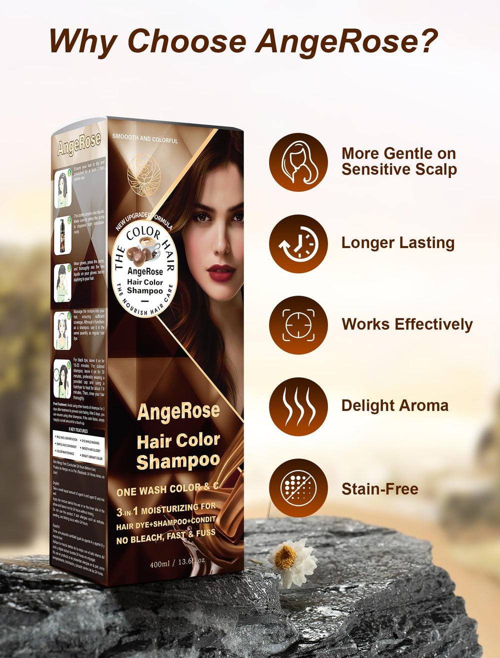 AngeRose Chestnut Brown leaves hair smooth and shiny after washing.