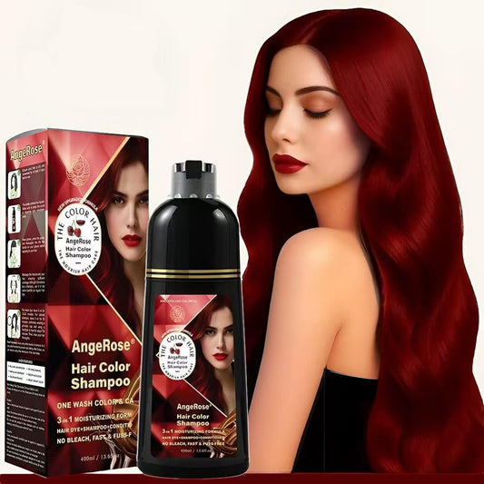 AngeRose Hair Dye Shampoo bottle in wine red shade for gray coverage.