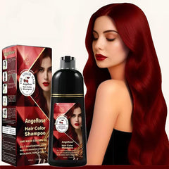 AngeRose Hair Dye Shampoo bottle in wine red shade for gray coverage.