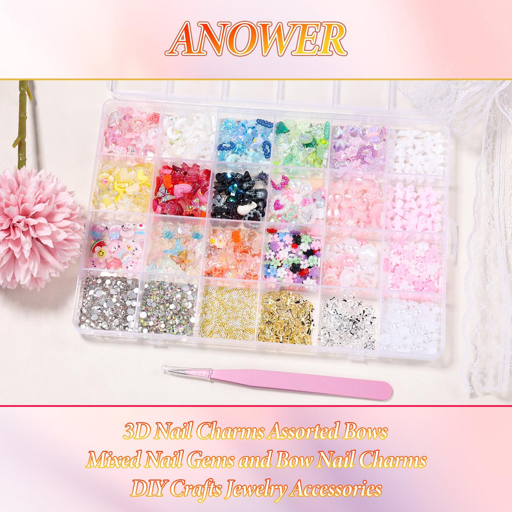 Anower rhinestones, pearls, and beads sparkle on natural or acrylic nails
