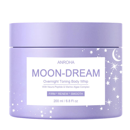 Anroha Moon Dream bottle on a nightstand, suggesting a nightly firming routine.