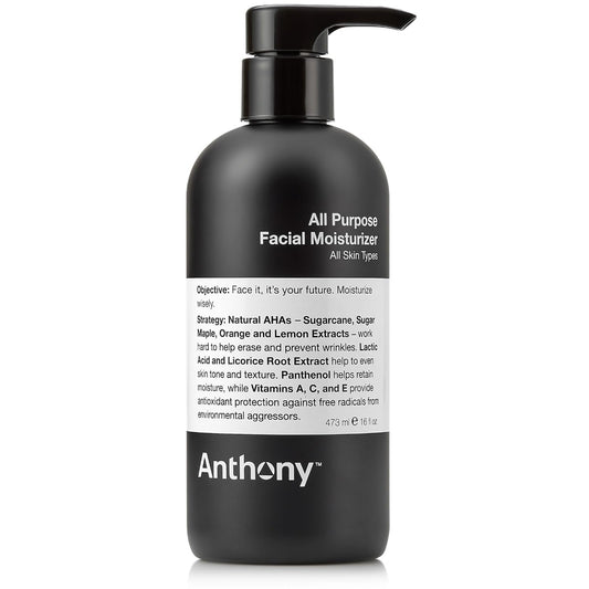 Anthony All-Purpose Facial Moisturizer bottle highlights lightweight hydration for daily use.