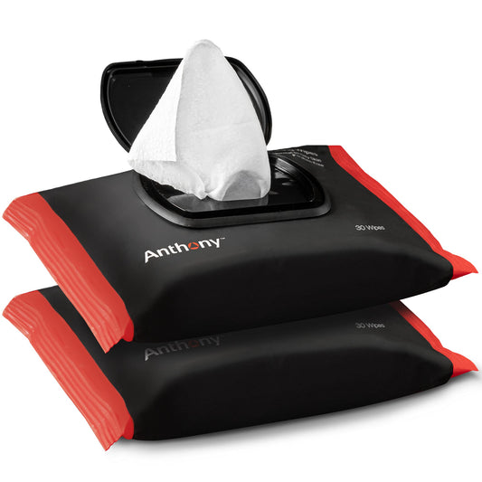 Anthony Glycolic Exfoliating Wipes front-pack shows a compact, travel-ready cleanse.