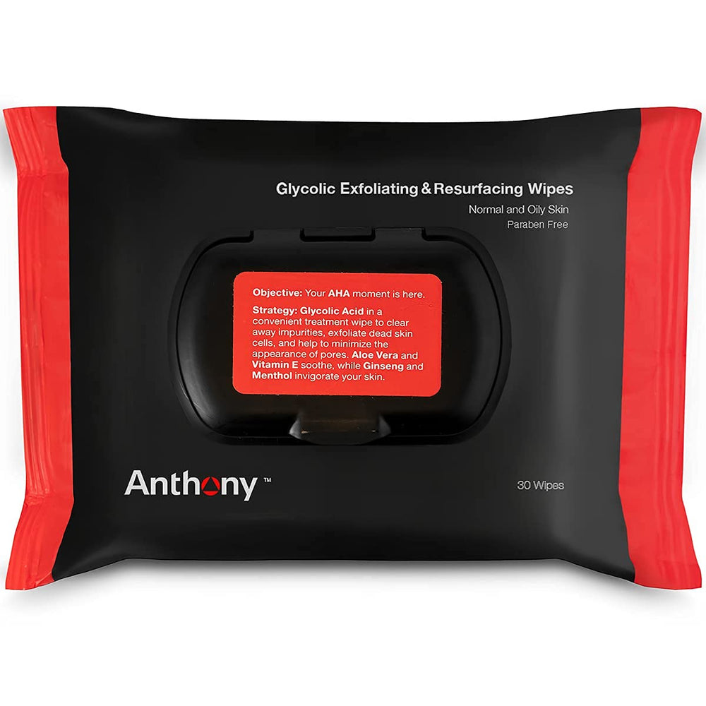 Anthony Glycolic Exfoliating Wipes tone and refine pores for a cleaner look.