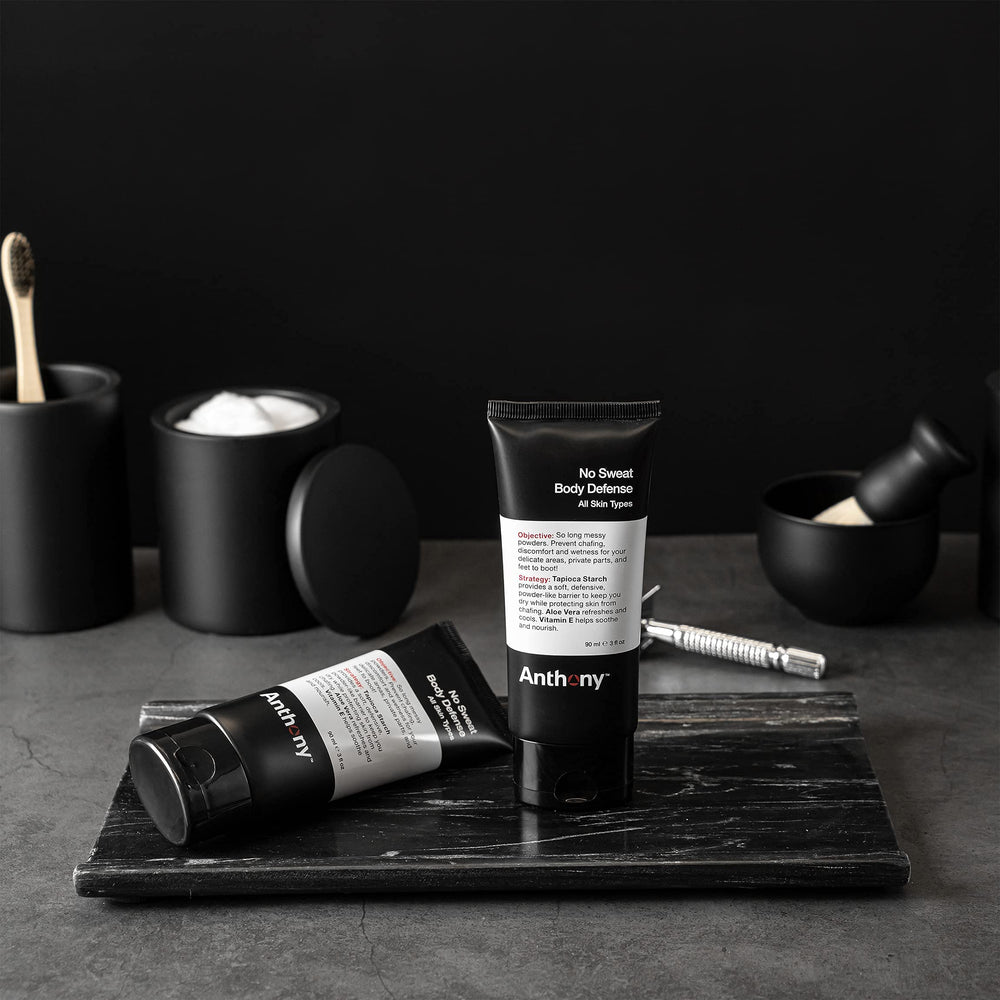 Anthony No Sweat bundle cream-application highlights smooth, cooling cream that dries to a protective powder.