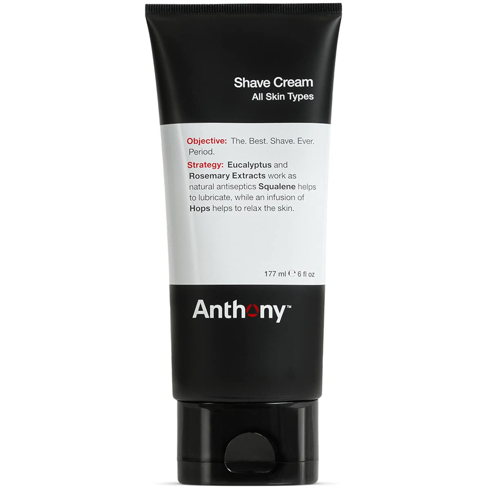 Anthony Shaving Cream bottle front view for sensitive skin, calming irritation.