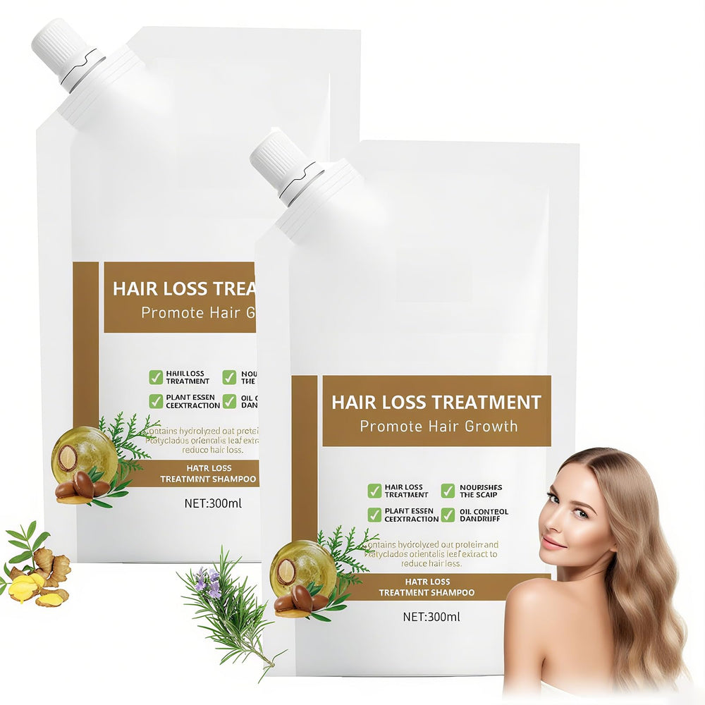 Anti-Hair Fall Shampoo 2-pack bottles on display for fuller looking hair.